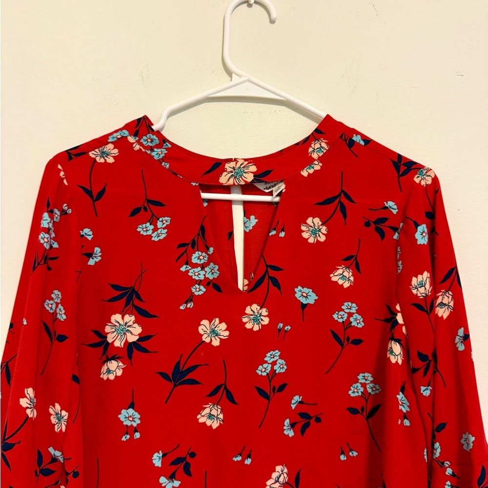2/$15 Krazy Kat - Red Floral Blouse with 3/4 Bell Sleeves | Size S - Picture 3 of 8
